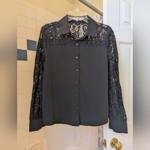 NWOT Black Lace Paneled Button up Blouse lace sleeves Size L